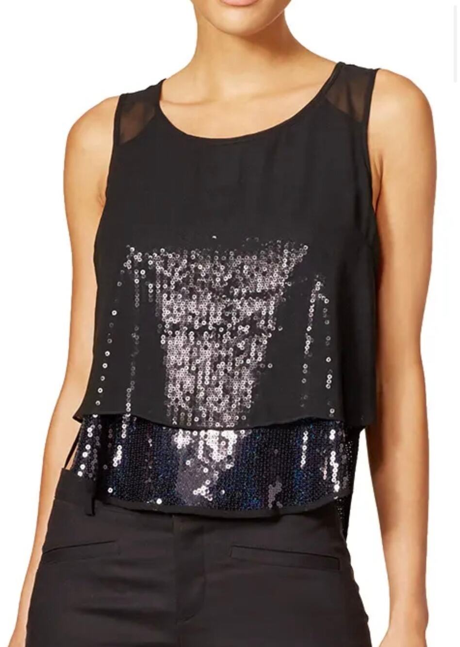 Amanda Uprichard Martini Sequin Layered Tank Top Women's L Black Blue Cocktail